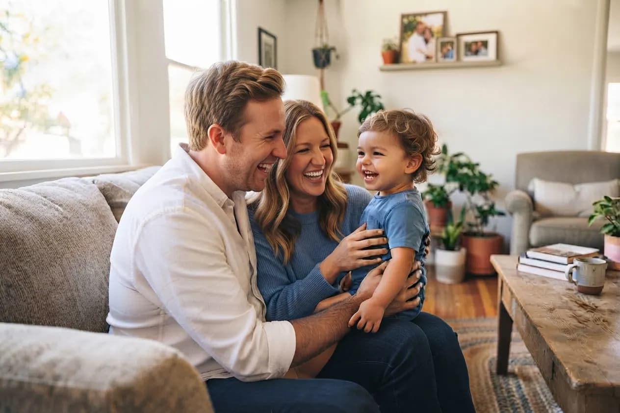 A couple and their child together on a living room couch